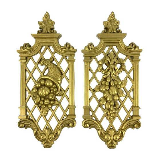 Vintage Dart Syroco 1971 Gold Plastic Wall Plaques Set Of 4 Floral Fruit 14x6 - Picture 2 of 7